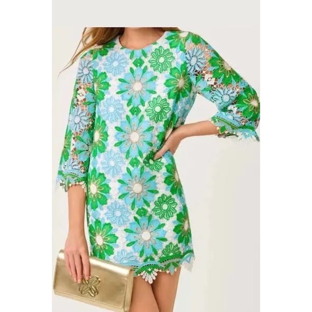 Lilly Pulitzer Jouri Lace Dress Putting Green Sunshine Tile Floral Blue Green 6 - Picture 8 of 8